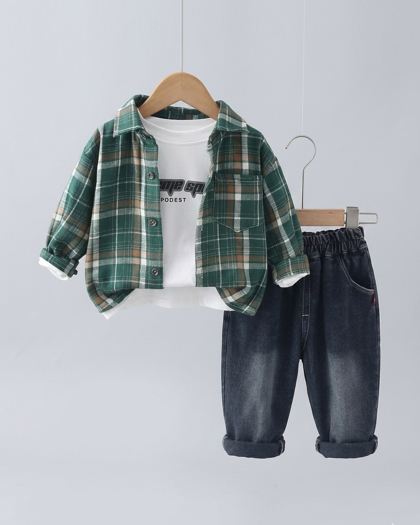Conjunto niño 3 piezas casual camisa de cuadros y pantalón vaquero ropa infantil outfit niño 