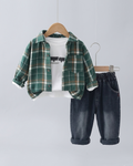Conjunto niño 3 piezas casual camisa de cuadros y pantalón vaquero ropa infantil outfit niño 