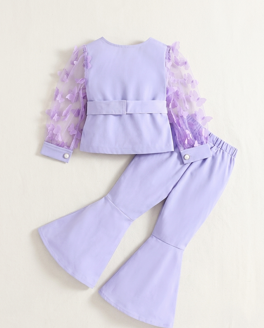 Conjunto infantil de 3 piezas en color lila claro: blusa de mangas transparentes y pantalón ancho 💜✨
