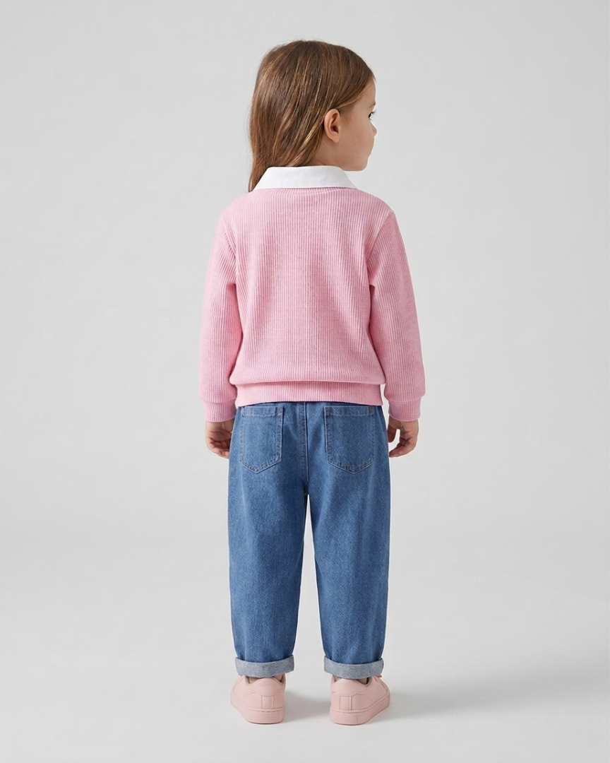Conjunto niña 2 piezas suéter rosa y pantalón vaquero bordado cerezas ropa niña,Ideal para clima otoñal y principios de invierno en España
