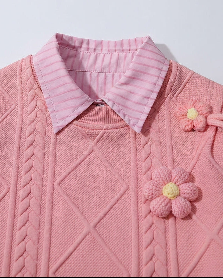 Conjunto Niña 3 Piezas Otoño Invierno Flores Bordadas