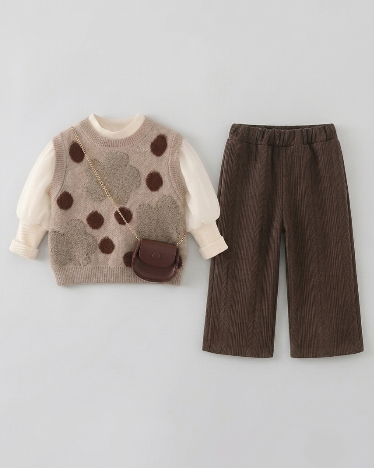Conjunto niña invierno 3 piezas chaqueta tejida y pantalón de terciopelo con bolso,Ideal para clima otoñal en España