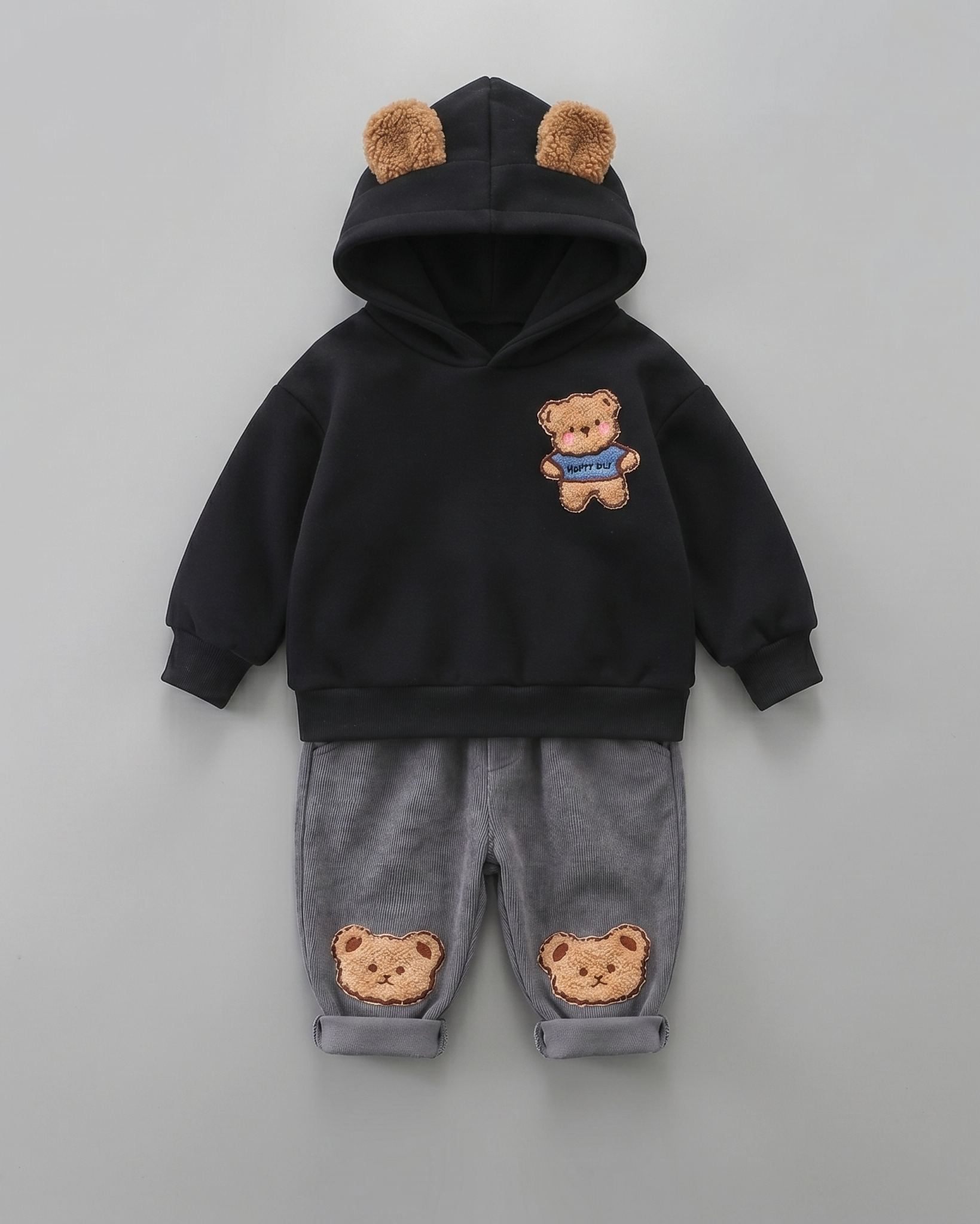 Conjunto niño 2 piezas ropa infantil: sudadera con capucha con diseño de oso 3D y pantalón vaquero elástico,Ideal para primavera y verano en España