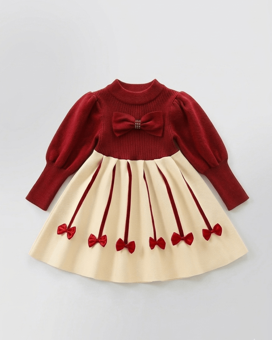 Vestido niña invierno cálido con lazos de satén y cuello altol as tallas disponibles.Ideal para primavera  en España