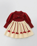Vestido niña invierno cálido con lazos de satén y cuello altol vista completa