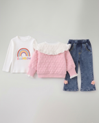 Conjunto niña 3 piezas rosa: suéter, camiseta arcoíris y pantalón vaquero con flores crochet en España