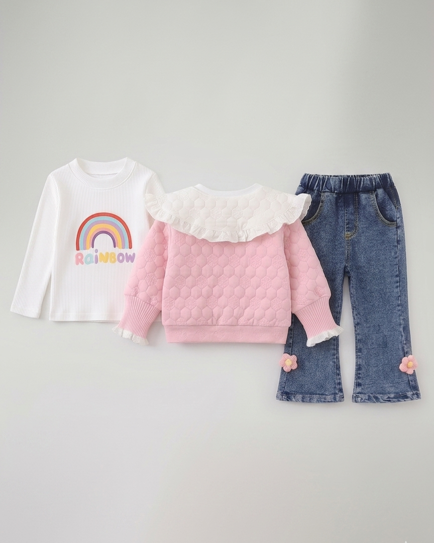 Conjunto niña 3 piezas rosa: suéter, camiseta arcoíris y pantalón vaquero con flores crochet en España