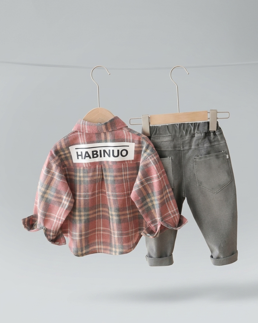 Conjunto niño cuadros elegante de dos piezas con camisa de cuadros y pantalón denim  niño cuadros en España