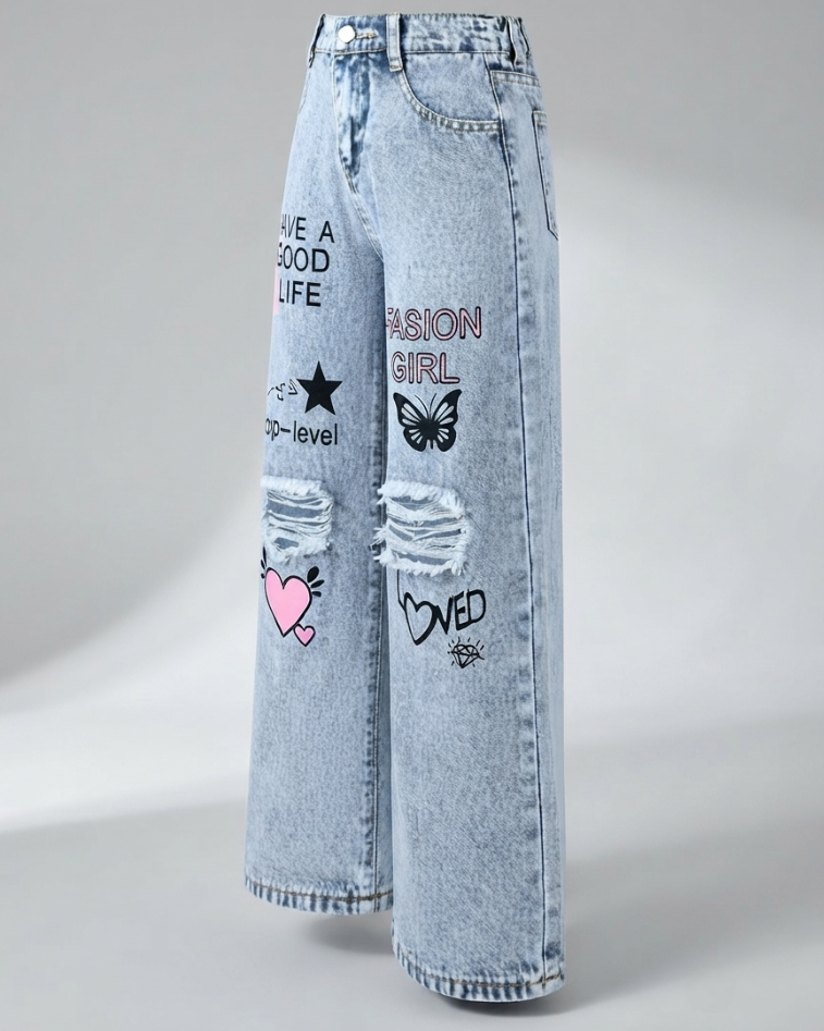 Jeans Wide Leg para Niña con Estampados Fashion