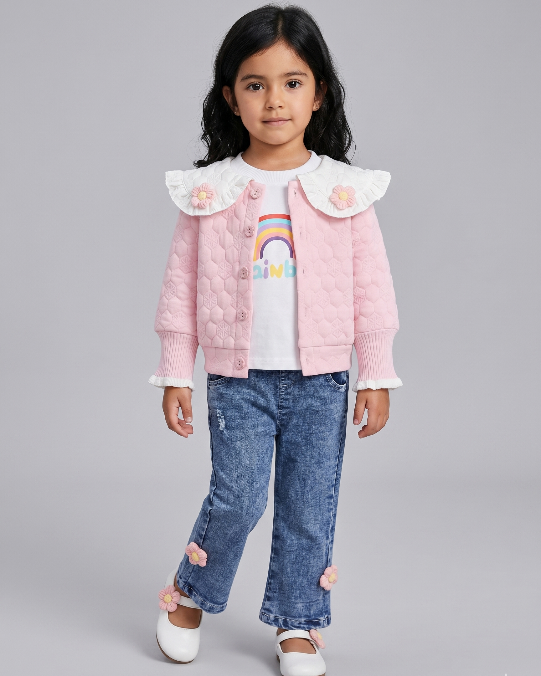 Conjunto niña 3 piezas rosa: suéter, camiseta arcoíris y pantalón vaquero con flores crochet en España