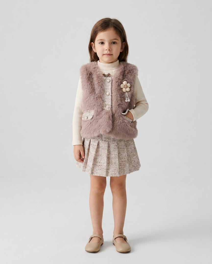 Conjunto niña 3 piezas invierno chaleco de piel, camiseta térmica y falda tweed ,Ideal para clima otoñal en España