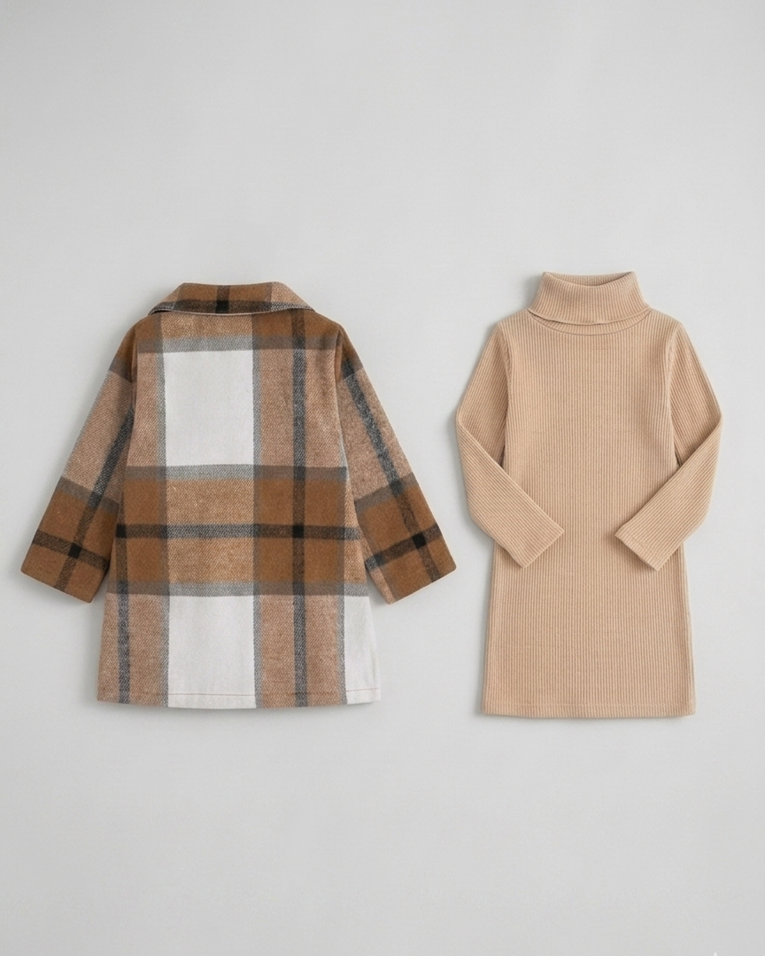 Conjunto niña invierno 2 piezas abrigo de cuadros y vestido lencero elegante en España