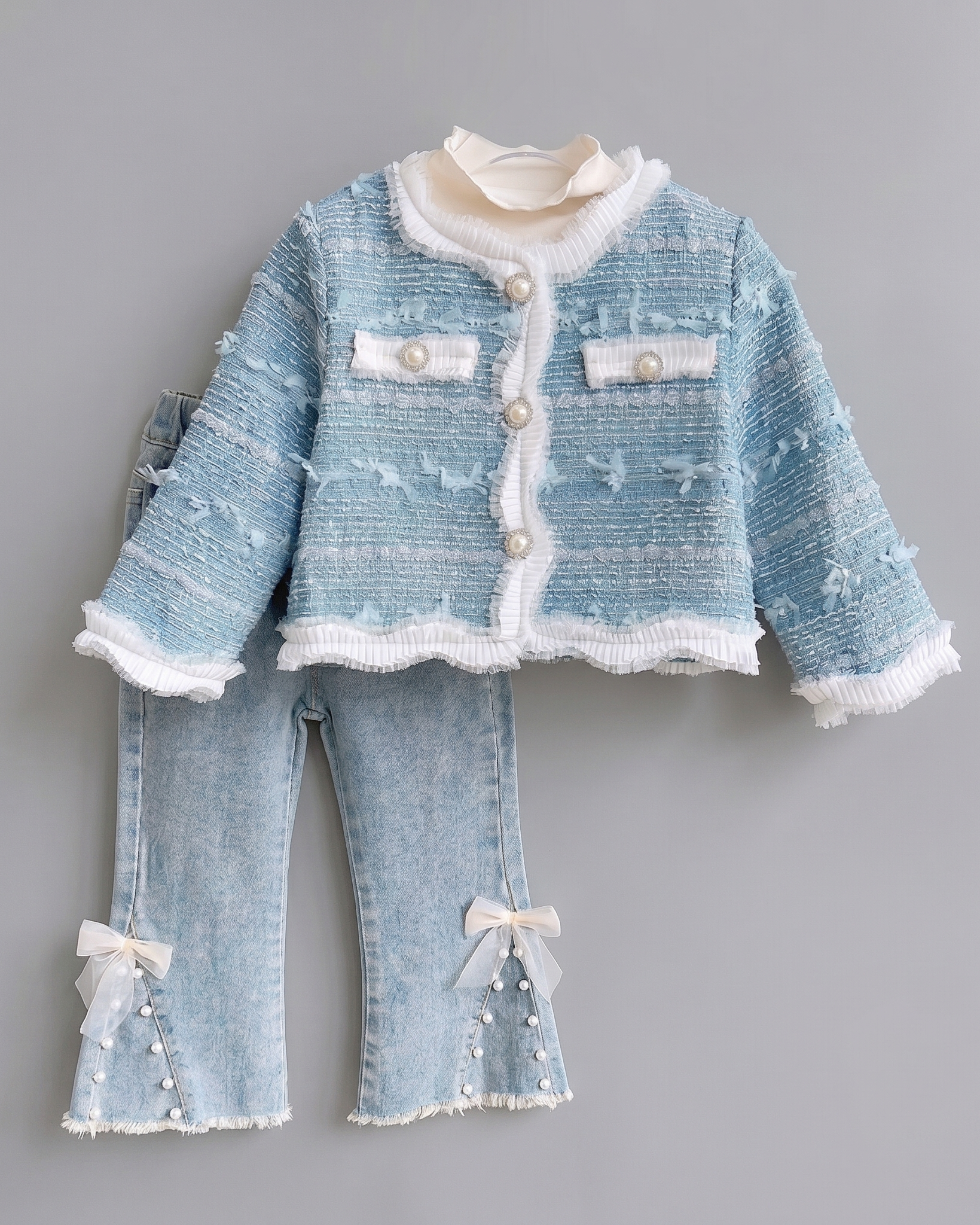 Conjunto niña 2 piezas chaqueta tweed y pantalón vaquero con perlas  en España
