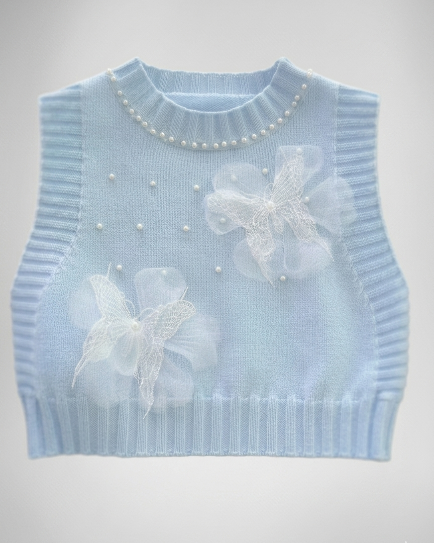 Conjunto niña 3 piezas ropa bebé niña elegante: blusa con mangas abullonadas, chaleco de punto con perlas y pantalón vaquero  en España