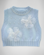 Conjunto niña 3 piezas ropa bebé niña elegante: blusa con mangas abullonadas, chaleco de punto con perlas y pantalón vaquero  en España