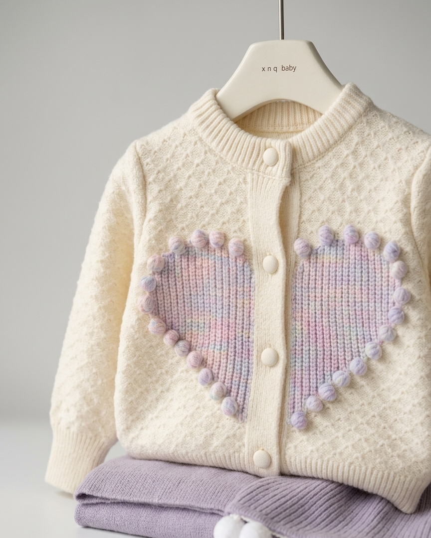 niña con conjunto invierno 2 piezas bordado corazón tejido cálido