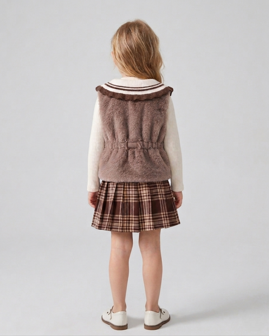 Conjunto niña 3 piezas elegante ropa bebé niña con chaleco de lana y falda de cuadros,Ideal para clima otoñal  en España