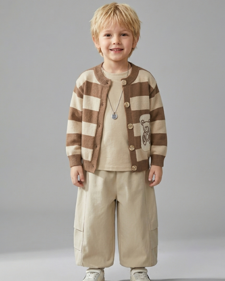 Conjunto bebé niño 3 piezas a rayas con pantalón cargo