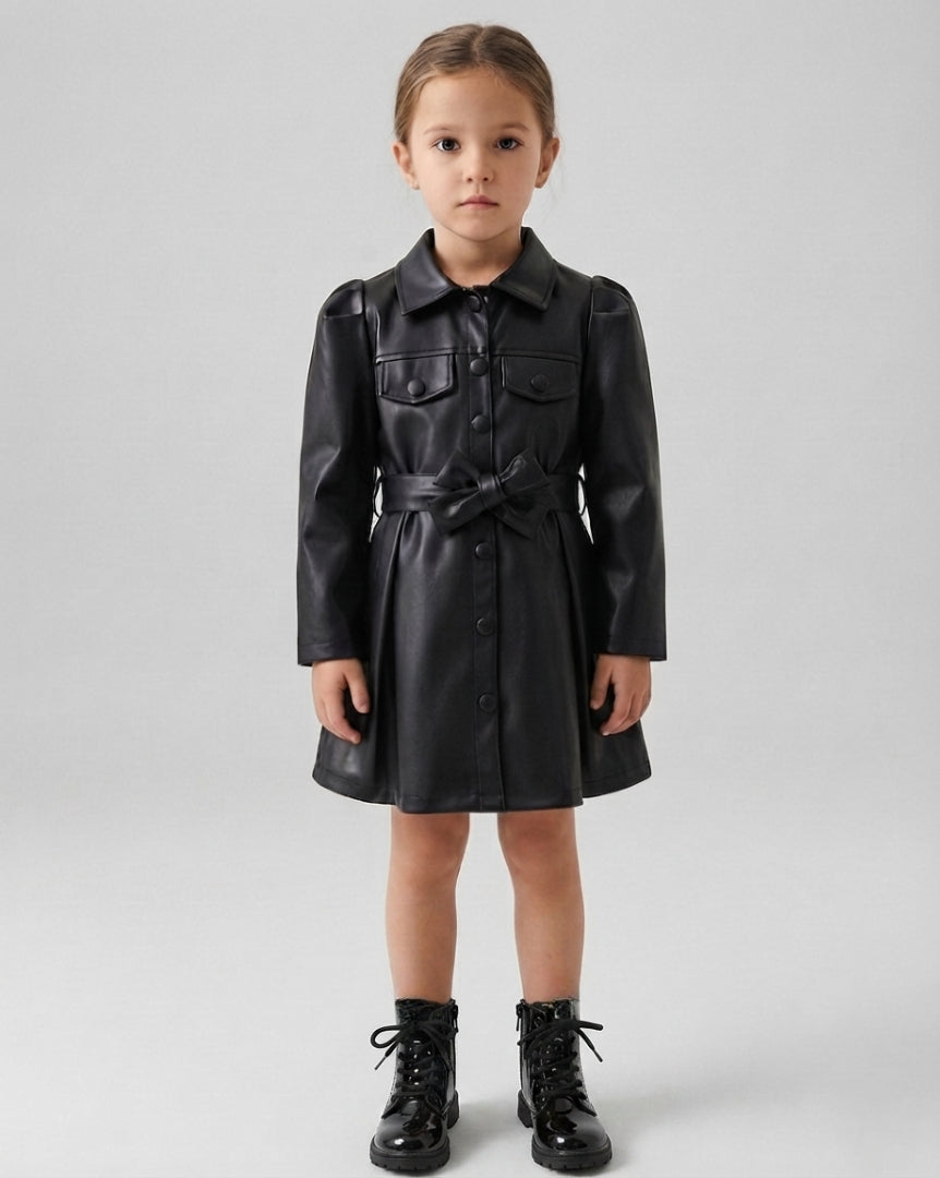 Abrigo Niña Negro Elegante Piel Sintética Gabardina