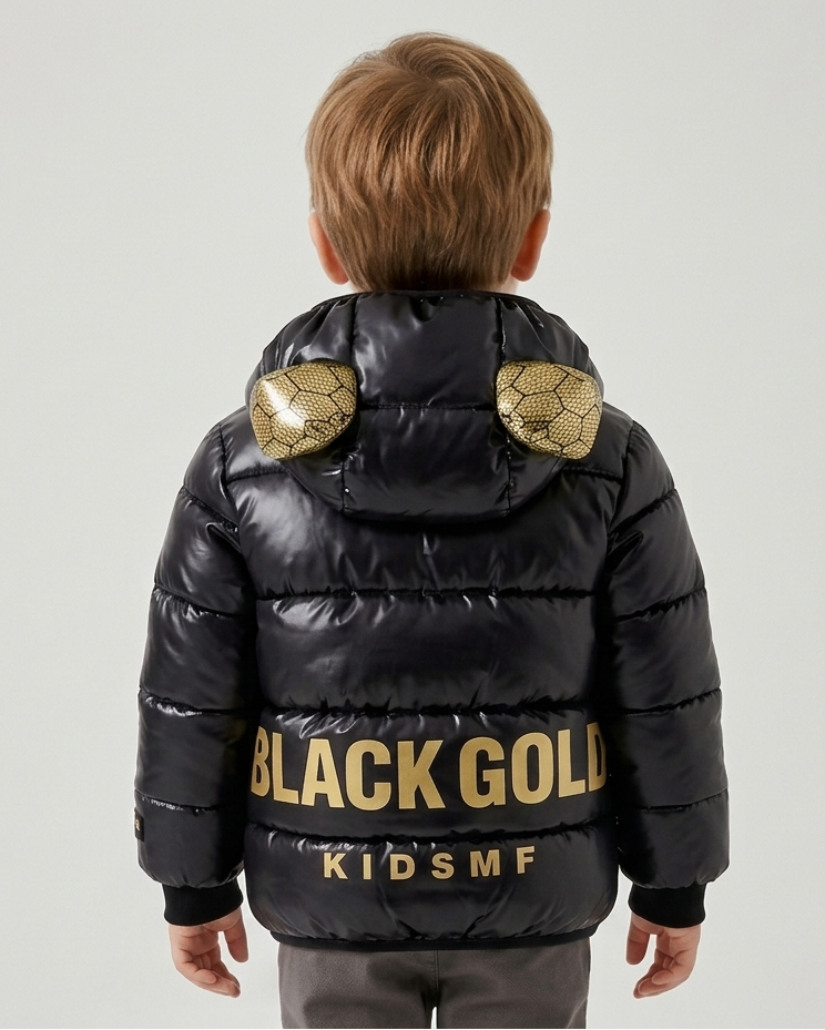 Chaqueta bebé niña y niño invierno impermeable negra con detalles dorados y capucha con orejitas en España