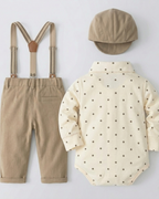 Conjunto bebé niño elegante de 4 piezas con body, pantalón con tirantes, corbata y gorra en España