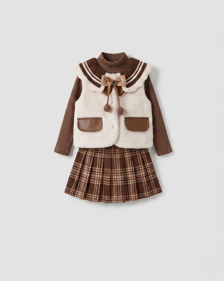Conjunto niña 3 piezas elegante ropa bebé niña con chaleco de lana y falda de cuadros,Ideal para clima otoñal  en España