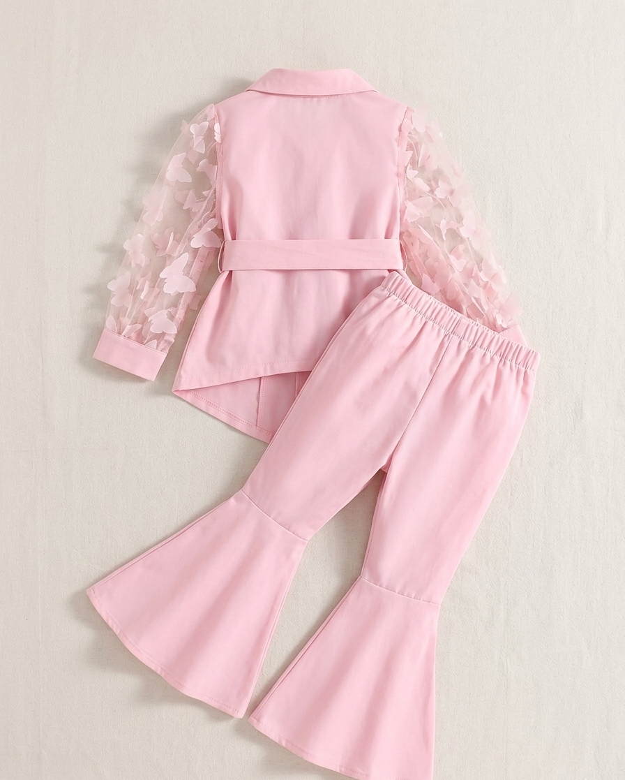 Conjunto infantil de 3 piezas en color lila claro: blusa de mangas transparentes y pantalón ancho 💜✨