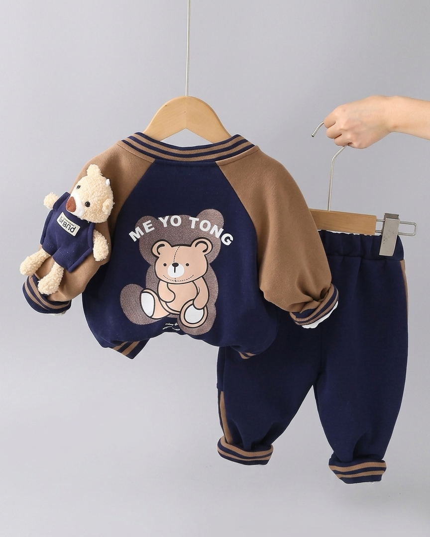 Conjunto deportivo bebé 3 piezas (chaqueta, camiseta interior de algodón y pantalón) con osito | chándal bebé, ropa bebé niño en España