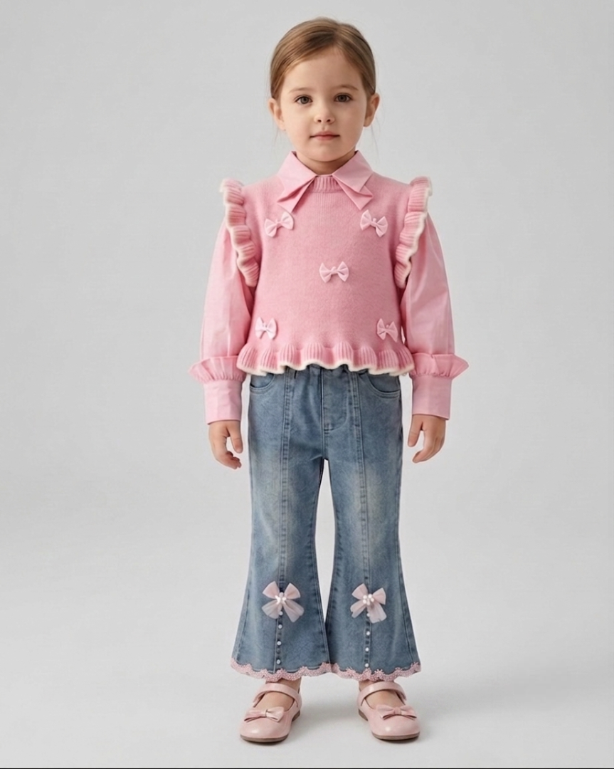 Conjunto niña 2 piezas camisa rosa y pantalón vaquero ancho con lazos y bordados | ropa niña en España