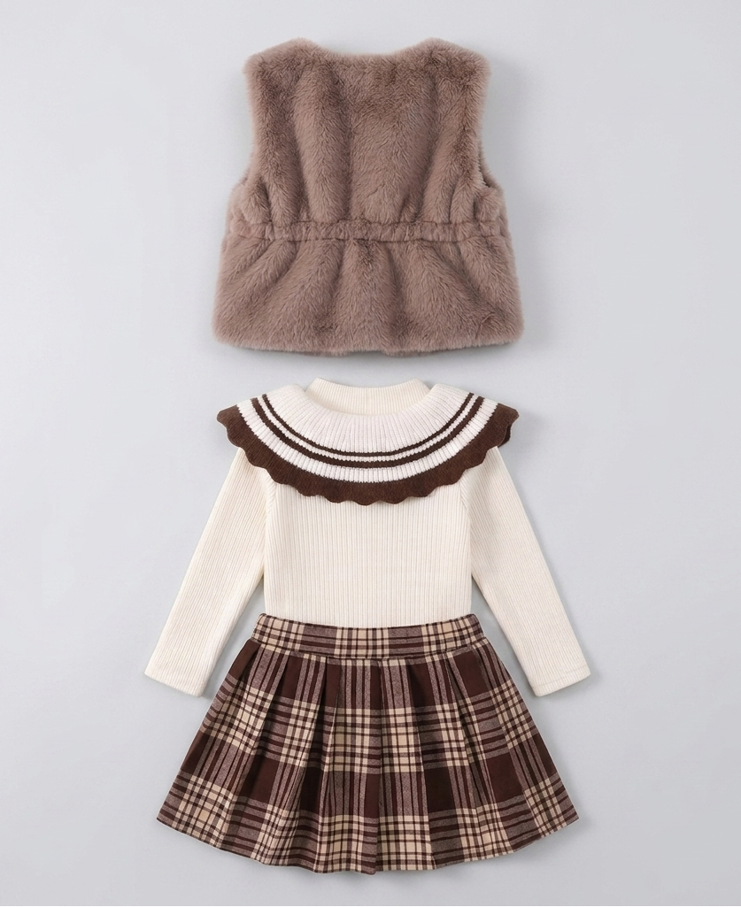 Conjunto niña 3 piezas elegante ropa bebé niña con chaleco de lana y falda de cuadros,Ideal para clima otoñal  en España