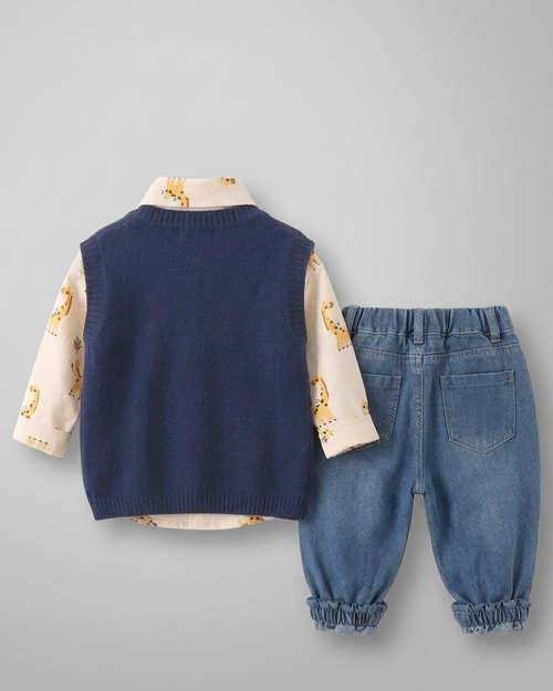Conjunto bebé 3 piezas ropa bebé algodón con chaqueta de punto y pantalón vaquero con jirafa 3D en España