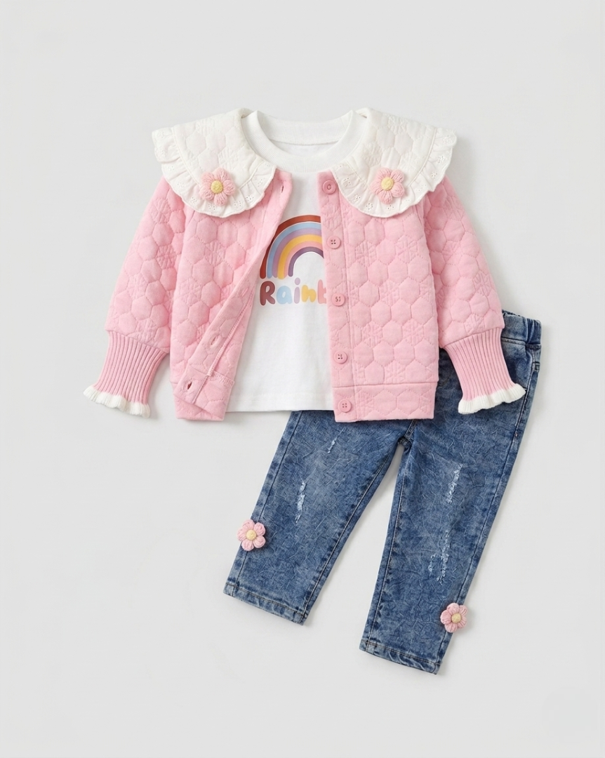 Conjunto niña 3 piezas rosa: suéter, camiseta arcoíris y pantalón vaquero con flores crochet en España