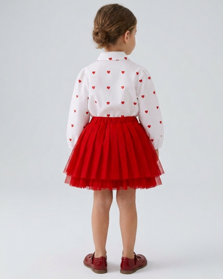 Conjunto niña 2 piezas falda de tul roja y camiseta con corazones – ropa niña elegante en España