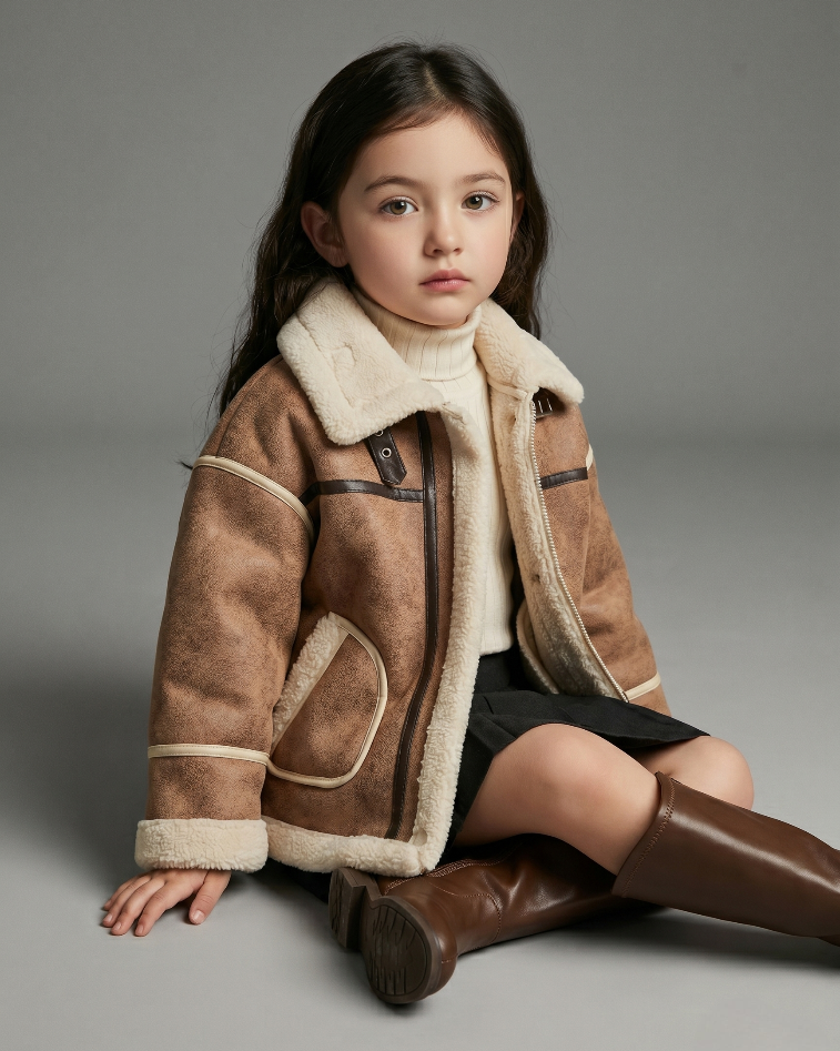 Chaqueta de invierno infantil de piel sintética con forro polar sherpa cuello alto y diseño moderno en España
