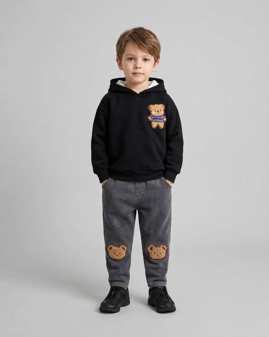 Conjunto niño 2 piezas ropa infantil: sudadera con capucha con diseño de oso 3D y pantalón vaquero elástico,Ideal para primavera y verano en España
