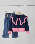 Conjunto Niña Elegante 2 Piezas Blusa Azul Marino y Vaquero Flare