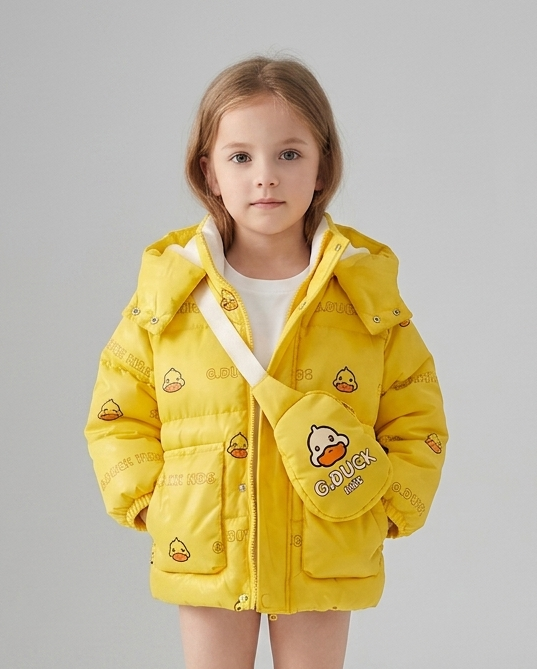 Chaqueta infantil de invierno con capucha y estampado de patitos   acolchada  con bolsita a juego en España
