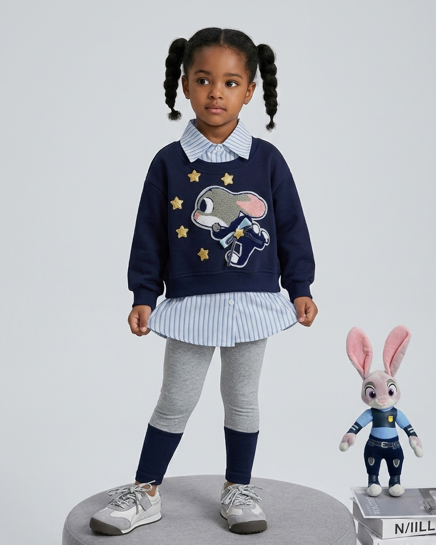 Conjunto niña 3 piezas ropa infantil - suéter bordado camiseta a rayas con leggings y detalles encantadores.
