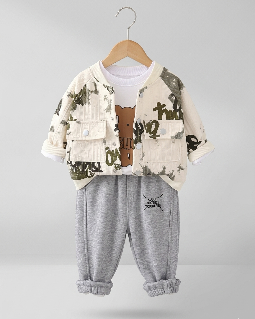Conjunto bebé y niño 3 piezas ropa bebé: chaqueta estampada, camiseta con oso y pantalón gris cómodo en España