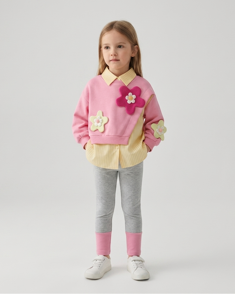 Conjunto niña 3 piezas sudadera y camiseta interior flores 3D ropa infantil,destacada para looks elegantes y sencillos en España
