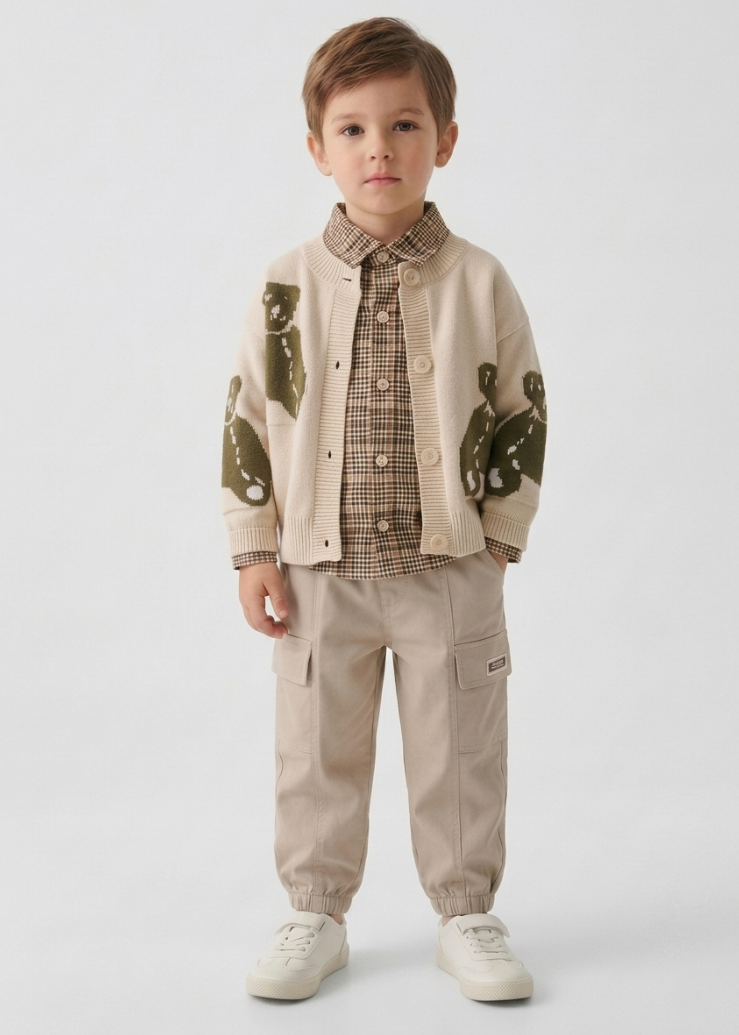 Conjunto bebé 3 piezas ropa bebé niño con cárdigan de oso camisa de cuadros y pantalón beige en España