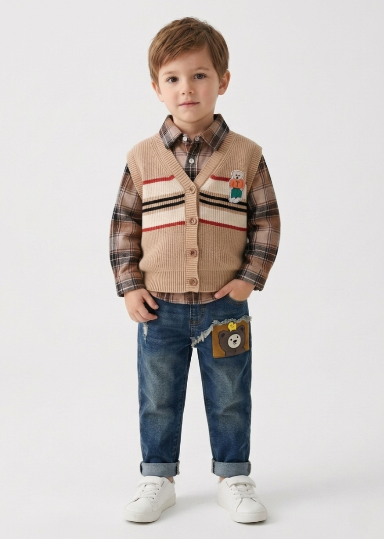 Conjunto bebé niño 3 piezas ropa infantil: camisa cuadros, chaleco lana y pantalón vaquero en España