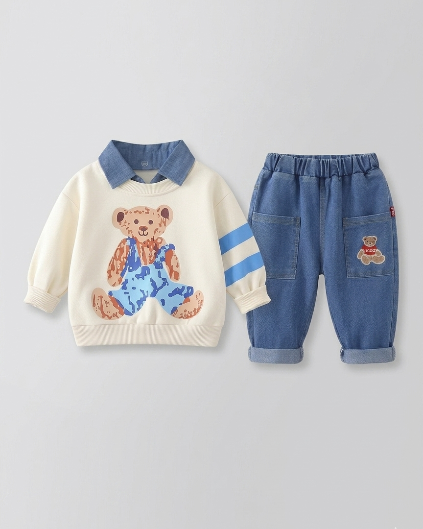Conjunto niño 2 piezas sudadera y pantalón vaquero con estampado de oso estilo casual otoño , ropa infantil, Ideal para primavera y  verano en España