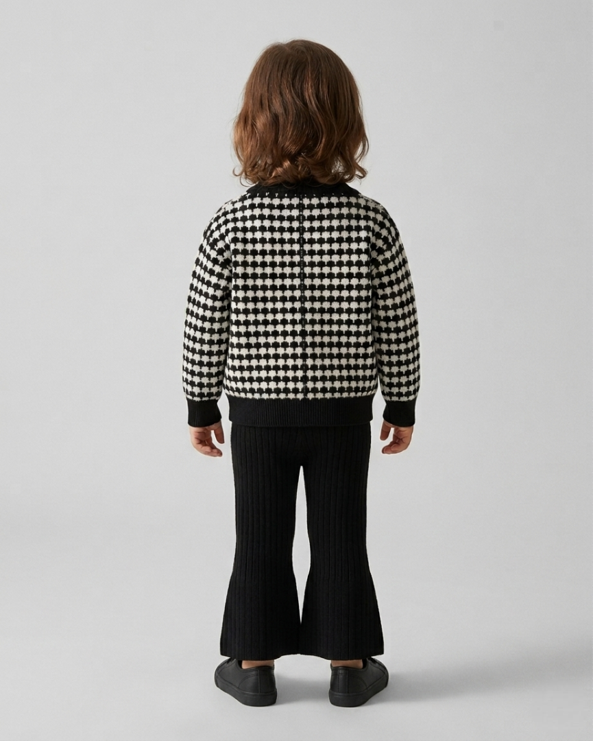 Conjunto niña invierno elegante ropa infantil: chaqueta tejida houndstooth y pantalón en España