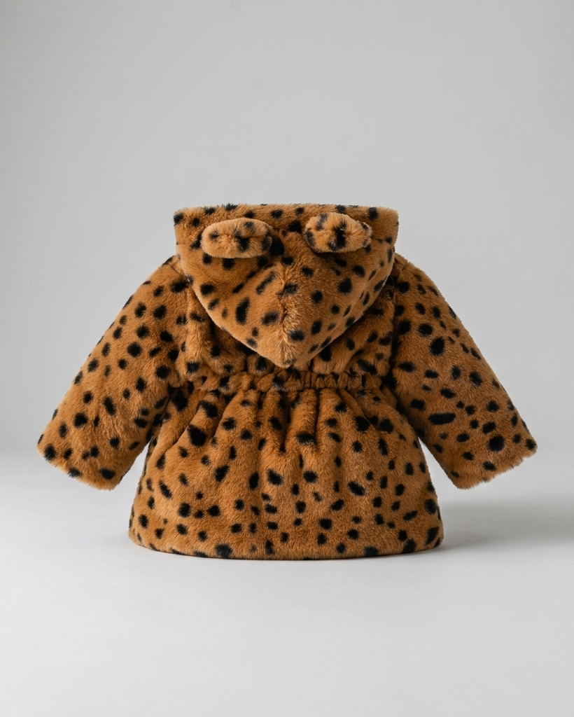 Abrigo niña invierno de pelo sintético con estampado de leopardo y capucha con orejitas en España
