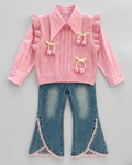 Conjunto niña 3 piezas elegante con blusa, suéter de punto y pantalón vaquero acampanado con encaje,en España
