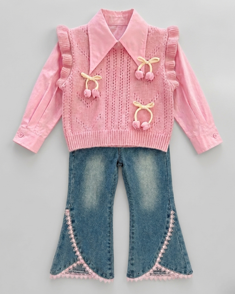 Conjunto niña 3 piezas elegante con blusa, suéter de punto y pantalón vaquero acampanado con encaje,en España