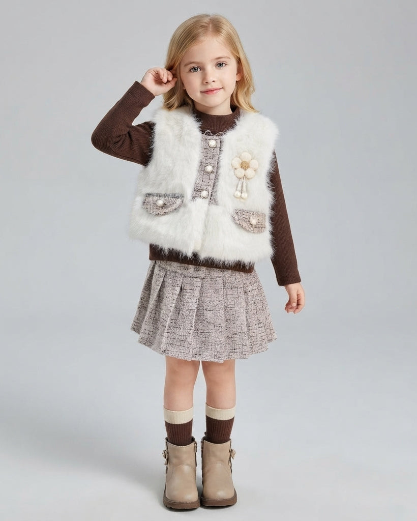 Conjunto Niña Falda Tweed Invierno Chaleco Piel