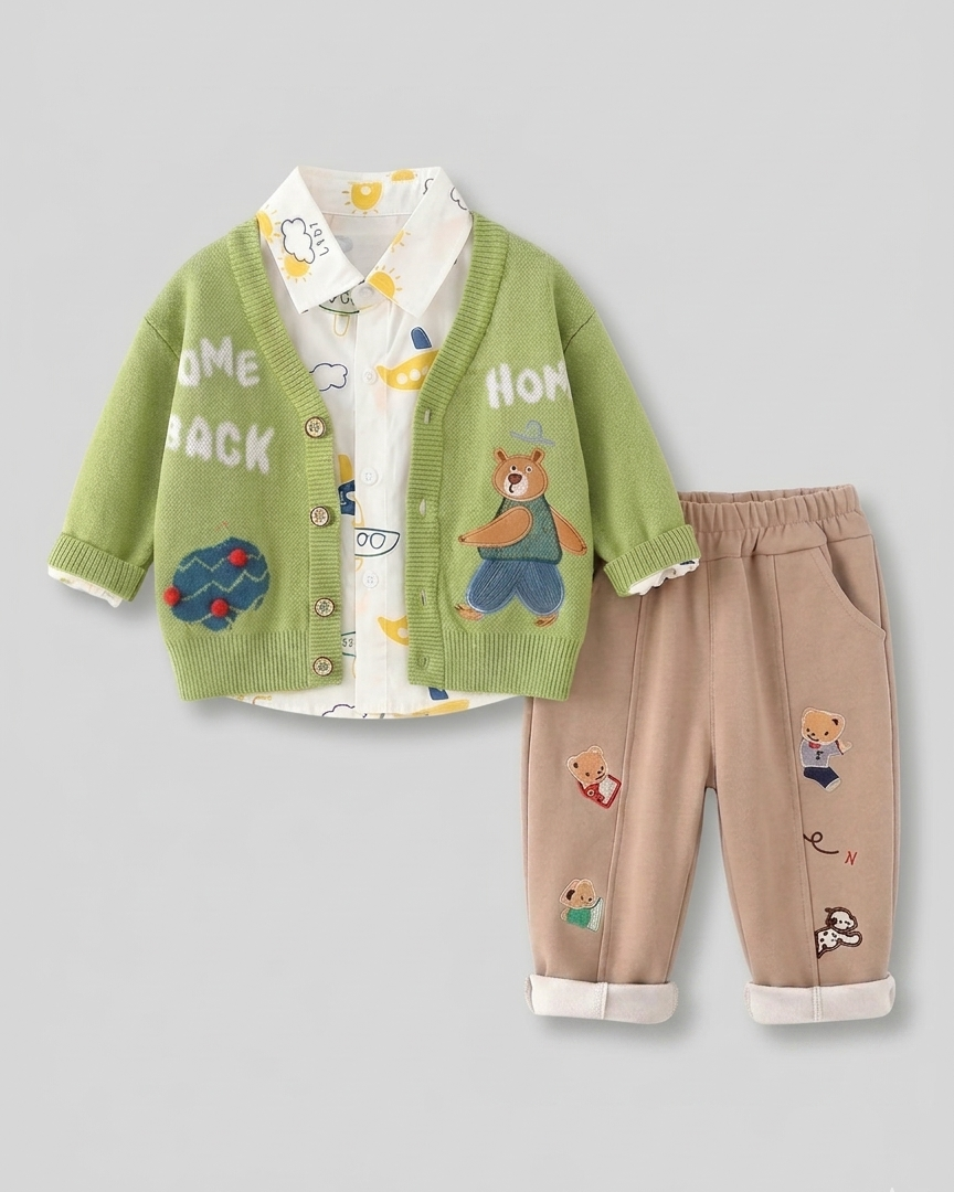 Conjunto bebé invierno 3 piezas con suéter de lana bordado camisa y pantalón vista completa