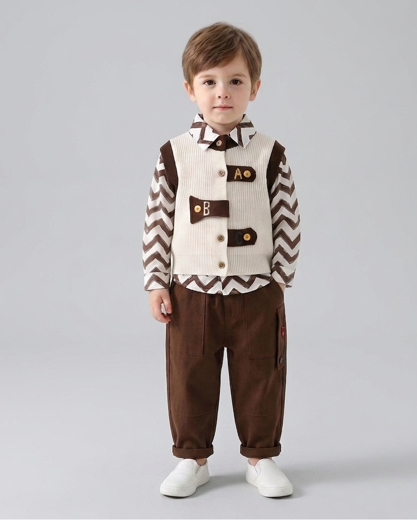 Conjunto bebé 3 piezas invierno chaleco lana camisa estampada y pantalón cómodo detalle chaleco